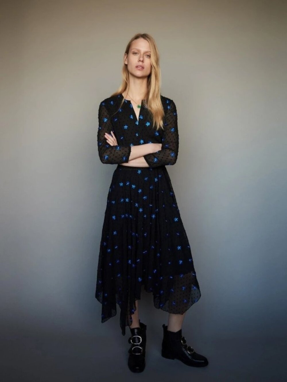 Maje Swiss Dot Floral Blue Daisy Embroidered Chiffon Dress - Picture 2 of 15